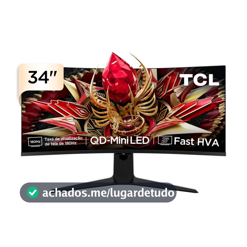 Monitor Gamer Curvo TCL 34 Polegadas QD-Mini LED WQHD R83Q 180Hz 1ms (GtG) HDR 1400 nits 34R83Q