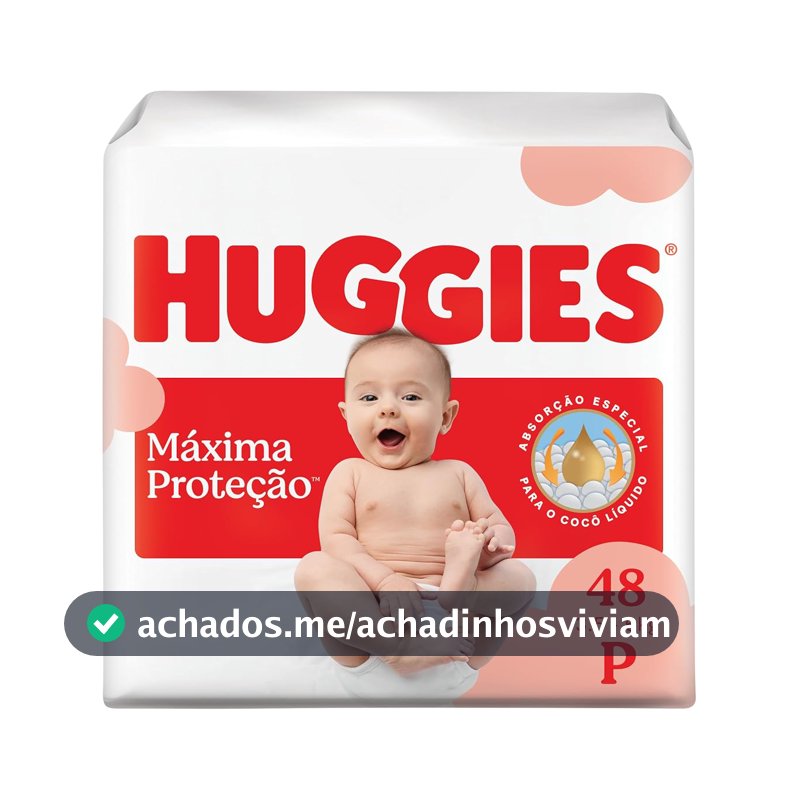 Fralda Descartável Huggies Máxima Proteção Tamanho P 48 unidades – com absorção especial para cocô líquido e indicador de troca.