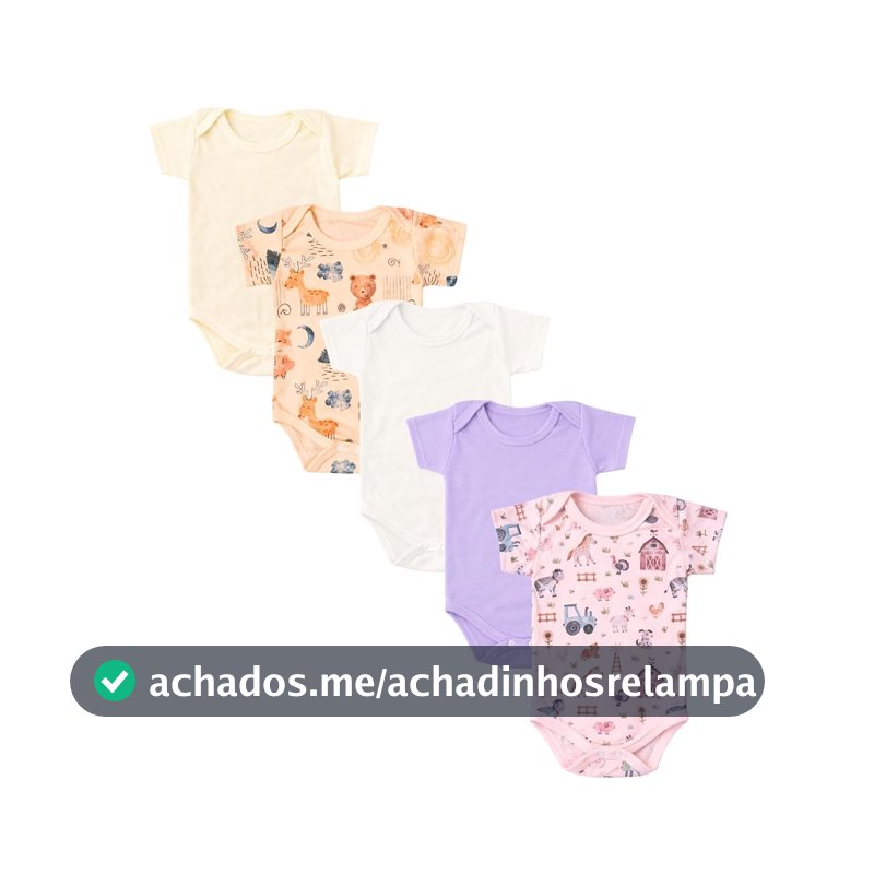 Kit 5 Peças Body Bebê Canelado Menina Manga Curta Estampado e Liso Enxoval Roupinha