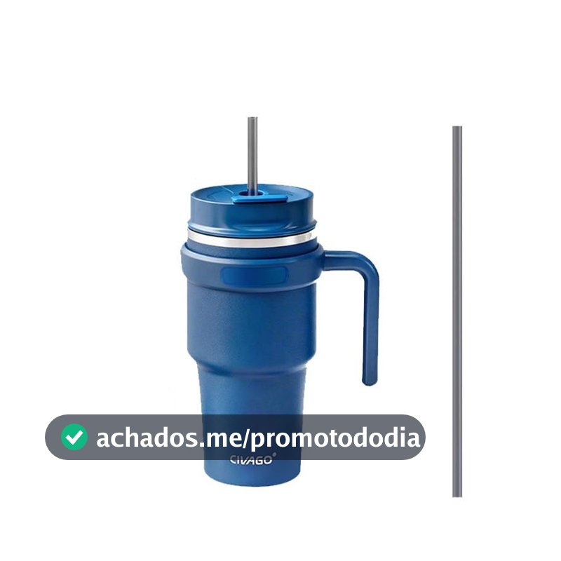 Copo Térmico Automotivo 590ml em Aço Inoxidável com Tampa Selada 2-em-1, Canudo e Alça, Antivazamento, Mantém Quente por 12h / Frio por 24h (azul escuro)