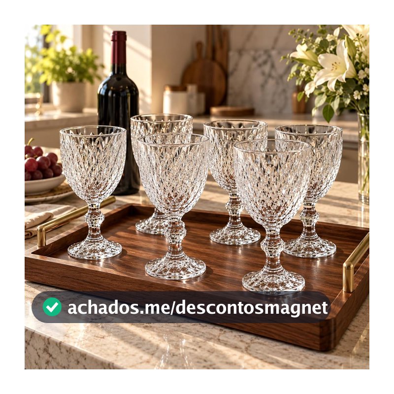 Jogo de 6 Taças de Vidro Diamond Transparente, 340ml, Design Canelado Elegante, 15cm de Altura, para Água, Suco e Drinks Premium