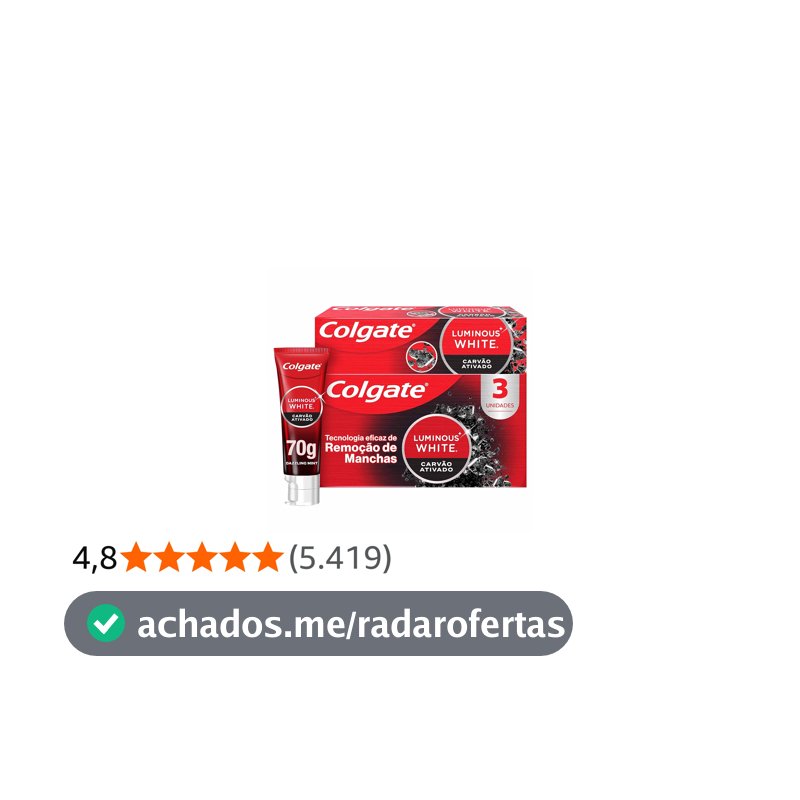 Colgate Luminous White Carvão Ativado Creme Dental Clareador, 3x70g