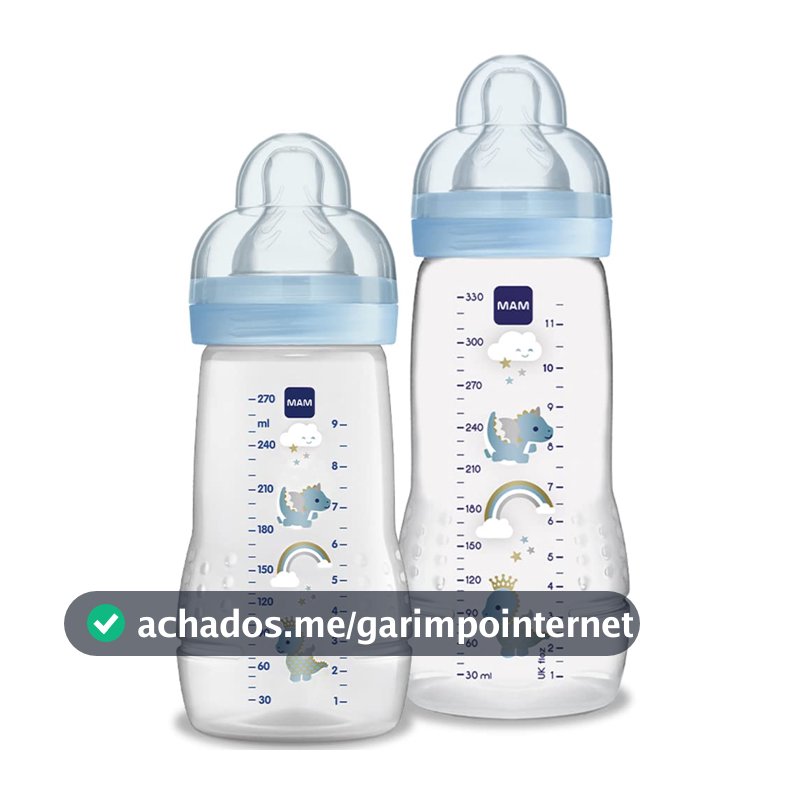 MAM Baby Kit 2 Mamadeiras Easy Active Set, 270ml e 330ml Com Formato Ergonômico e Fácil de Segurar para Crianças 2+ Meses com Bico de Silicone Skinsoft, Azul