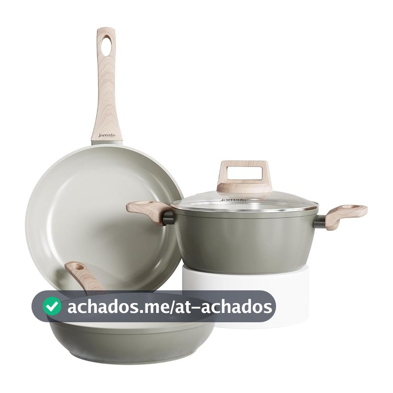 Conjunto de Panelas JADE OLIVE 5 Peças - Frigideiras 20cm e 24cm + Caçarolas 16cm e 20cm + Leiteira 16cm - Alumínio Antiaderente - Indução