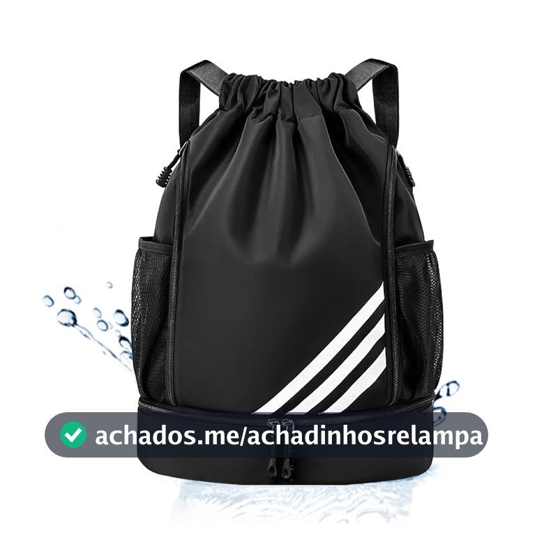 Mochila Esportiva com Cordão, Separação seca e húmida, Mochila de grande capacidade para viagens de lazer, Bolsos Laterais em Malha, Preto com Listras