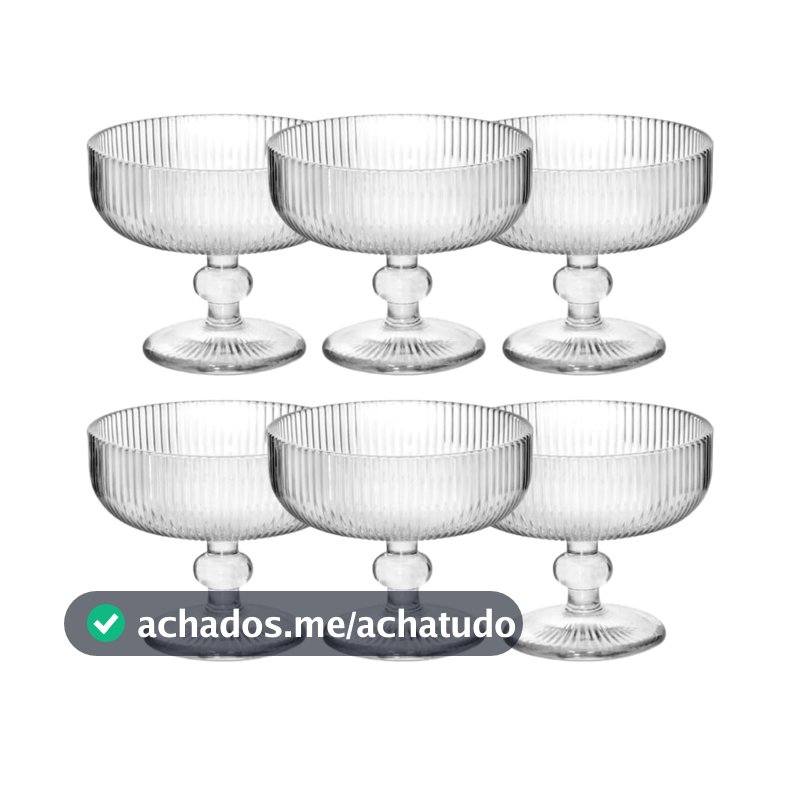Jogo com 6 Taças de Vidro Canelado 320ml para Sobremesa Sorvetes e Doces Transparente Design Sofisticado Resistente Ideal para Mesa Posta Cozinha Restaurante Premium