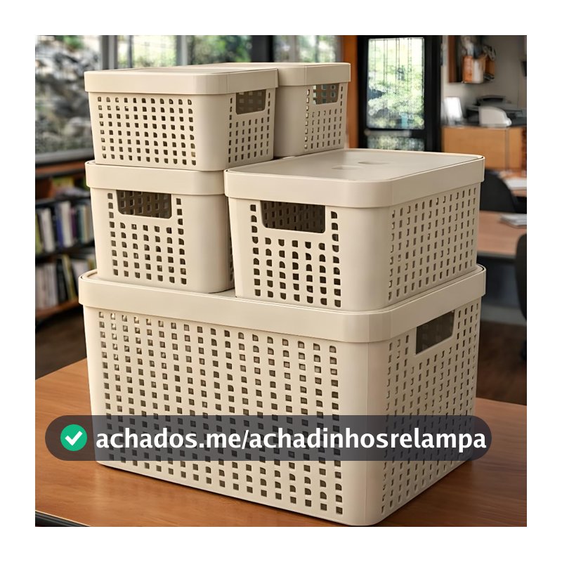 Kit 5 Caixas Organizadoras com Tampa Plástico Resistente Multiuso Armário Cozinha Lavanderia (BEGE)