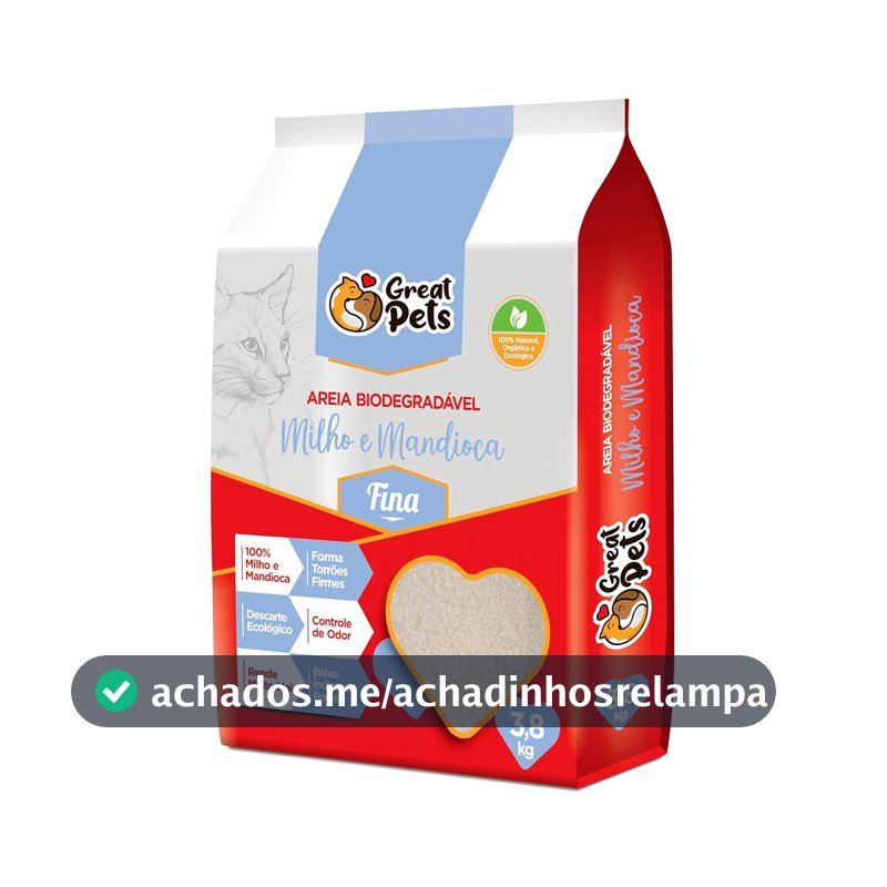 Areia Biodegradável Milho E Mandioca Fina Great Pets 3,8kg