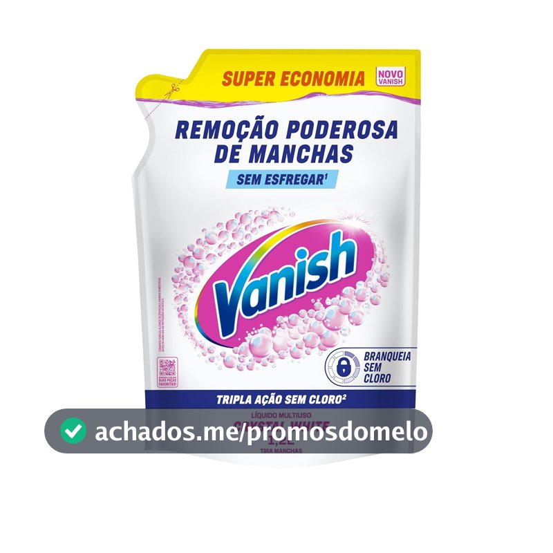 Tira Manchas Líquido Vanish White 1,2L Refil para Roupas Brancas. Sem Cloro, remove manchas sem danificar os tecidos e deixa o branco até 5 tons mais branco. Confie em Vanish.
