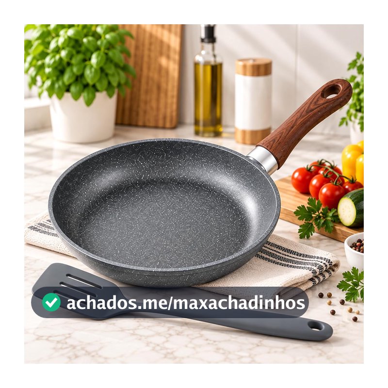 Frigideira Grande Cerâmica para Indução Cabo Madeira + Espátula de Silicone