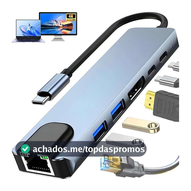 Oferta por tempo limitado: Hub USB-C 3.0 Extensor Adaptador Multifunções 6 em 1 - Estrutura Alumínio