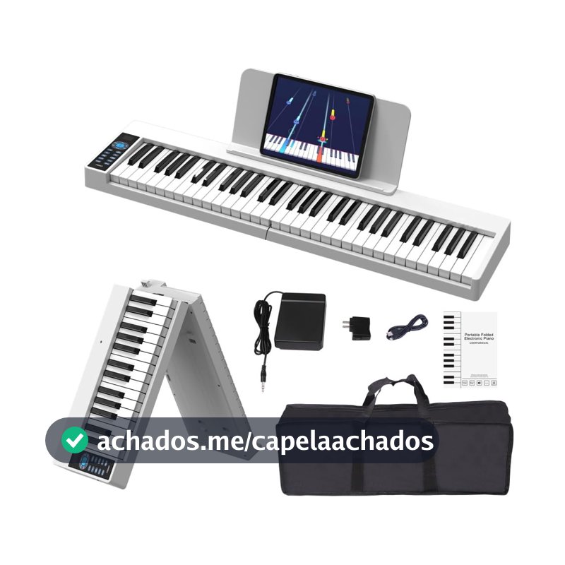 VEDO Piano Digital DobráVel Kit, 61 Teclas Semipesadas, Recarregável, 128 Tons, 128 Ritmos, 20 CançõEs de DemonstraçãO, USB-MIDI, DAW, Pedal SustentaçãO, Estante de Partitura, Branco