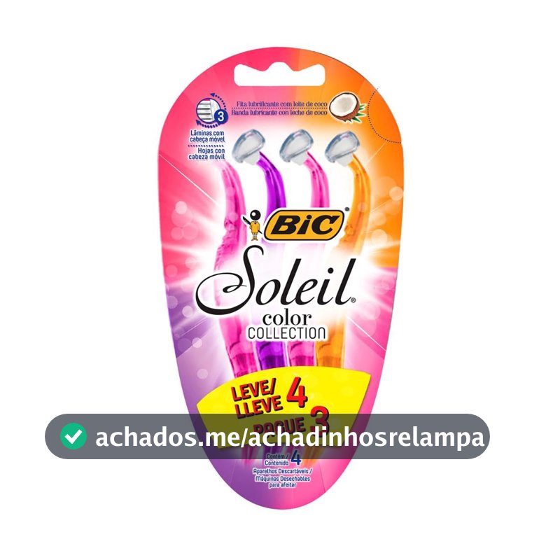 BIC Aparelho De Depilar Soleil Rosa Roxo E Laranja Leve 4 Pague 3 - 930183 - Dupla Fita Lubrificante Com Leite De Coco