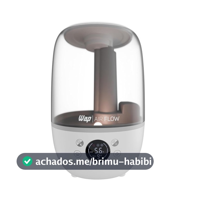 WAP Umidificador de Ar WAP AIR FLOW DIGITAL 3 em 1 Silencioso 23h de Autonomia 3 Níveis de Névoa Reservatório Para Essência