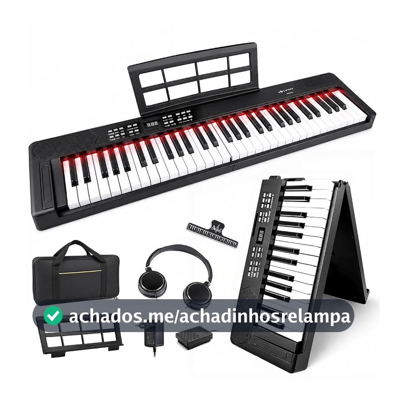 VEDO Teclado Musical Dobrável, 61 Teclas Retroiluminado Semipesadas, 128 Tons, 128 Ritmos, 80 CançõEs de DemonstraçãO, Adaptação MIDI, DAW, com Estante de Partitura e Bolsa, Fones de Ouvido, Pedais