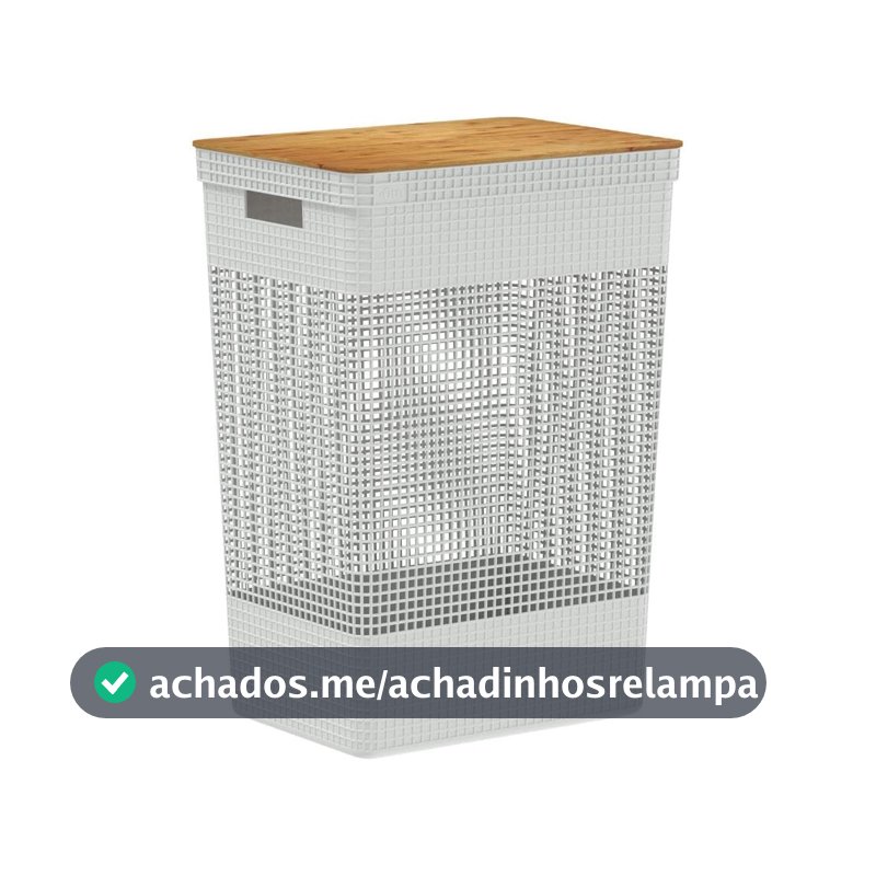 Ou Cesto de Roupas com Tampa de Bambu 49L Branco Oceano Linha Grid