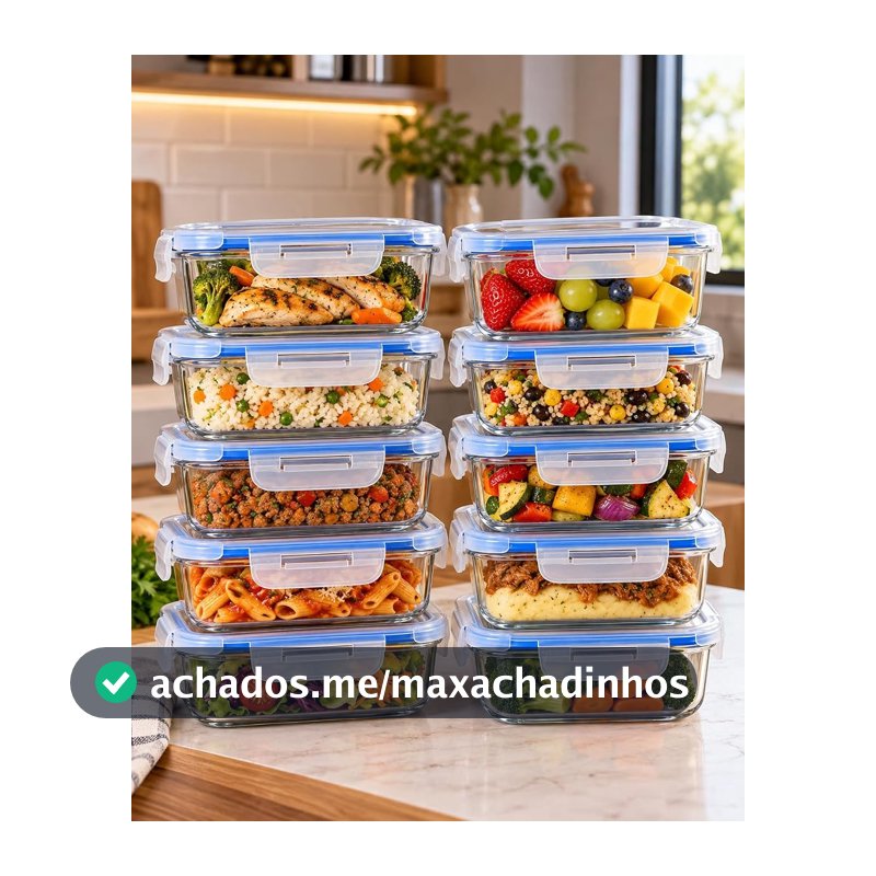 Kit 10 Potes Herméticos de Vidro 640ml com Tampa 4 Travas e Anel de Vedação, Potes para Alimentos, Marmitas, Refeições e Organização de Geladeira
