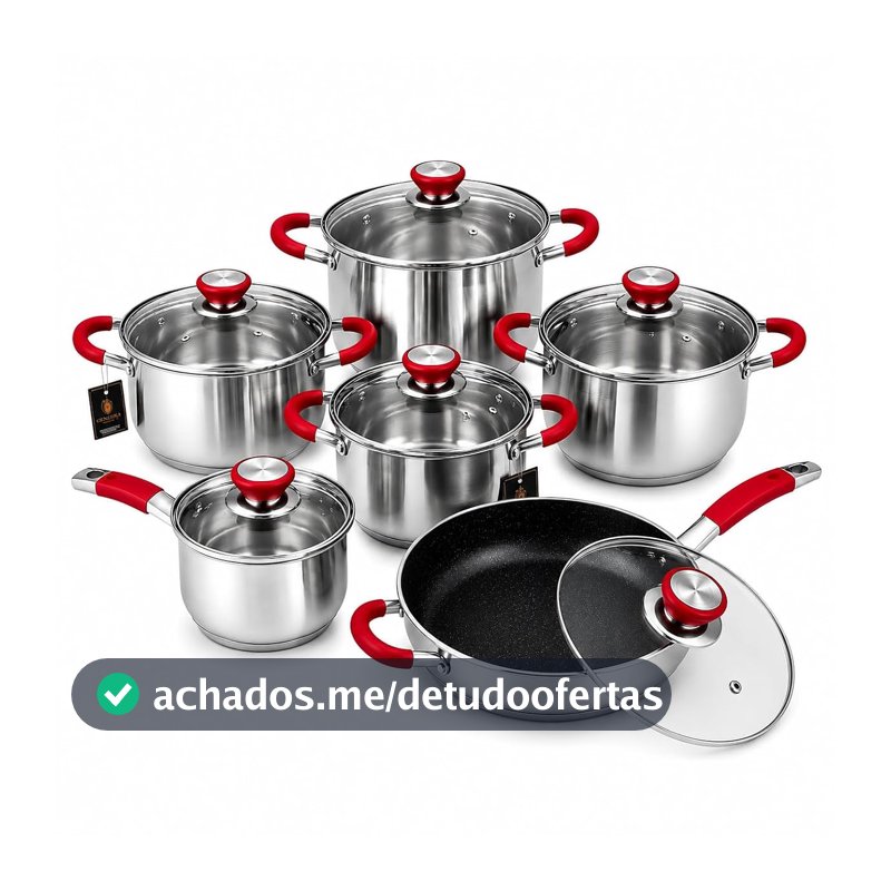 Jogo Panelas Inox 12 Peças Indução Fundo Triplo Com Frigideira Cerâmica Pegadores Silicone Kit Completo