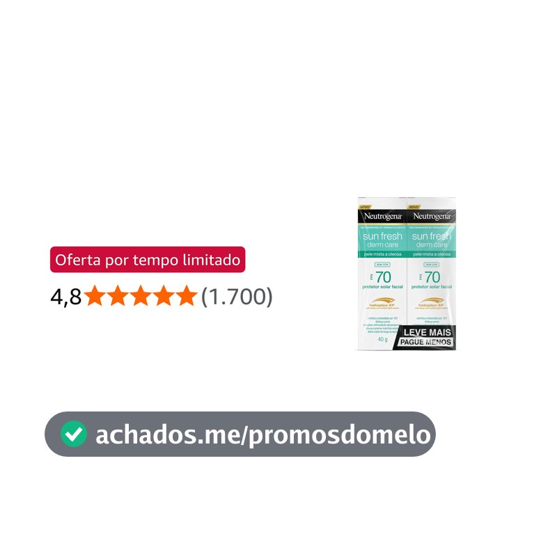 Protetor Solar Facial Neutrogena Sun Fresh, Sem Cor, FPS 70, 2 Unidades 40g