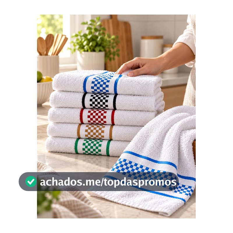 Kit 5 Panos de Prato Felpudos Atoalhados 100% Algodão 45x70cm Alta Absorção Barra Xadrez Colorida