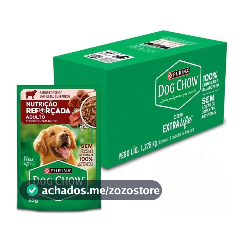 Ração Úmida DOG CHOW® NUTRIÇÃO REFORÇADA para Cães Adultos Sabor Cordeiro em Filetes com Arroz 85g - 15 unidades