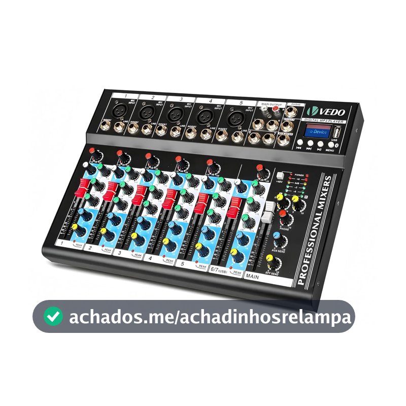 VEDO Mixer de Áudio Profissional 7 Canais VDA107L com Bluetooth, Entrada USB, Efeitos Digitais, Phantom Power +48V para Podcast, DJ, Gravação e Transmissão Ao Vivo - Mesa de Som Compacta 127/220V
