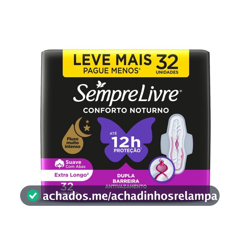 Absorvente Noturno com Abas Sempre Livre, Cobertura Suave, 32 Unidades