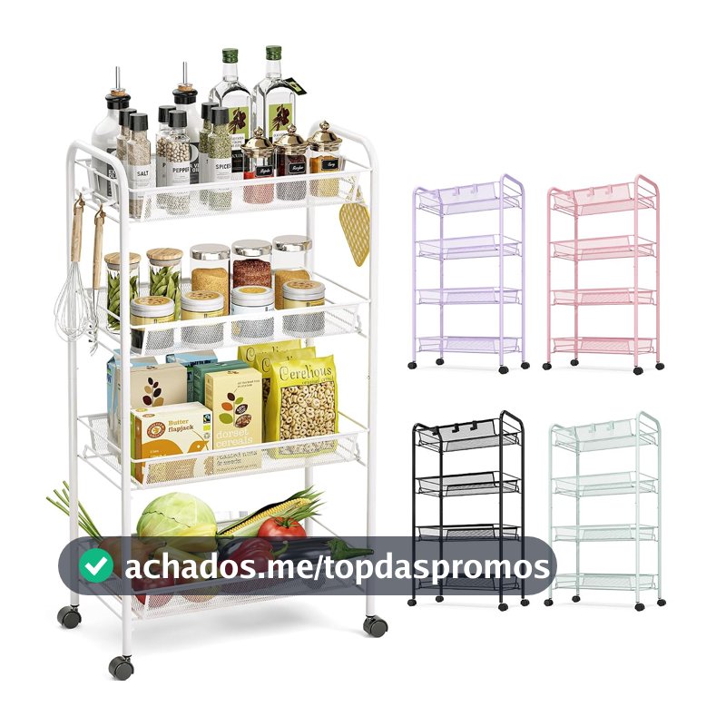 TOOLF Carrinho Utilitário de Metal de 4 Camadas com Rodas, Prateleiras Deslizantes, Ganchos Laterais, Ideal para Cozinha, Banheiro, Lavanderia, Branco