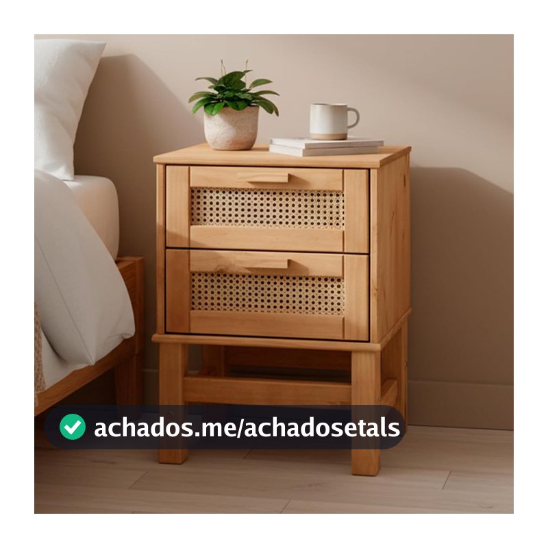 Mesa de Cabeceira Nature Lateral para Quarto em Madeira e Rattan com 2 Gavetas com Frente em Rattan Natural - Homezy
