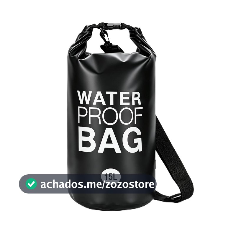 Bolsa Impermeável 15L com Alça Ajustável, PVC à Prova d'Água para Ciclismo, Esportes ao Ar Livre, Acampamento, Natação e Mergulho, Preta
