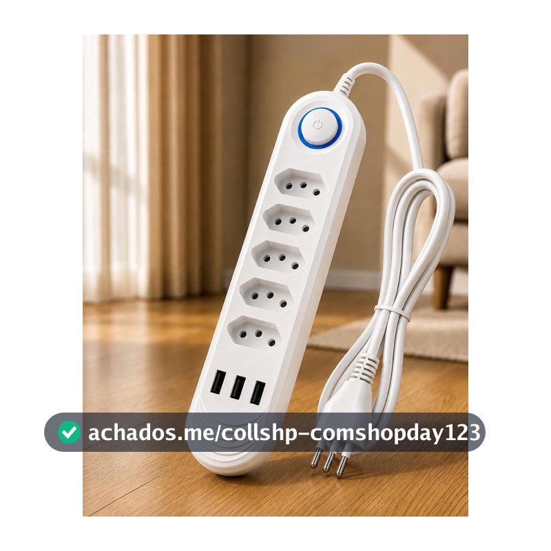 Filtro de Linha 5 Tomadas com 3 USB, Extensão Elétrica Bivolt 110V 220V, Cabo 2 Metros, Botão Liga e Desliga, Régua de Tomadas 10A 2500W para Notebook, Celular, TV, Videogame e Home Office