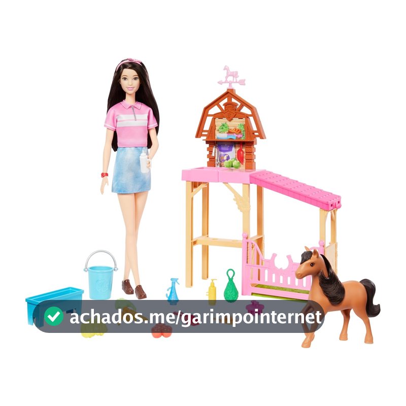 Barbie, Conjunto de Brinquedo Cuidado de Póneis com 4 Áreas, +10 Acessórios e 1 Boneca Renee, Inspirado na série Barbie Detetive: A Grande Corrida de Cavalos, para crianças a partir de 3 anos