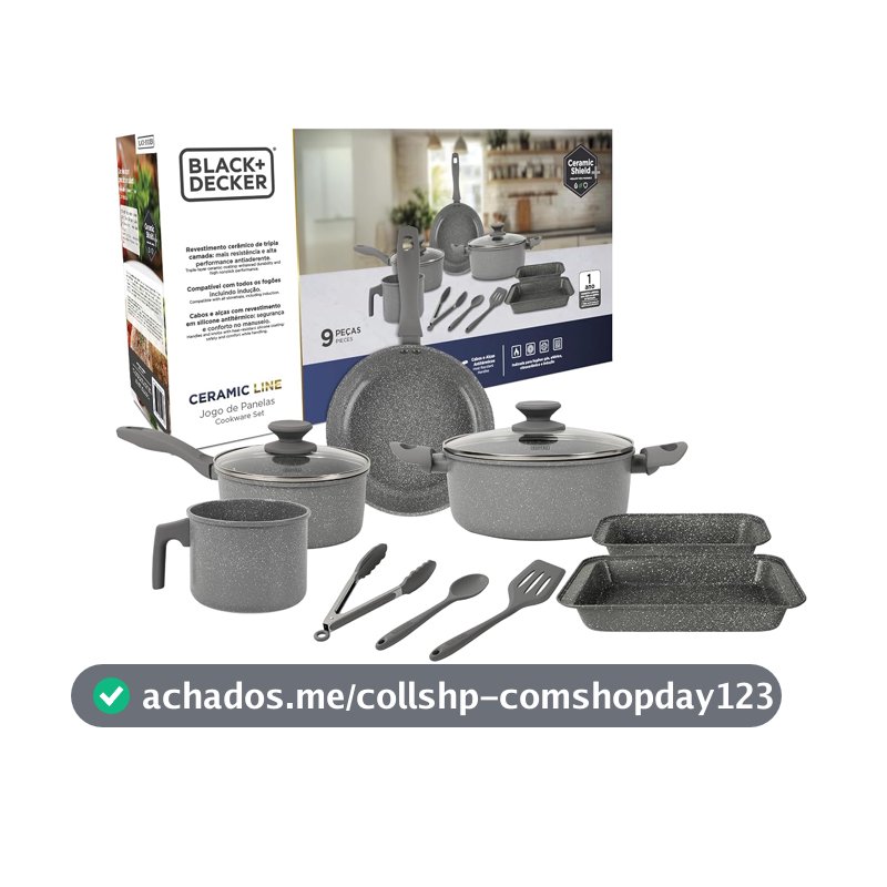 BLACK+DECKER JOGO DE PANELAS 9 PEÇAS CERAMIC LINE - CORPO COM REVESTIMENTO CERÂMICO ANTIADERENTE COM ACABAMENTO MARMORIZADO GREY MARBLE, BASE COMPATÍVEL COM INDUÇÃO