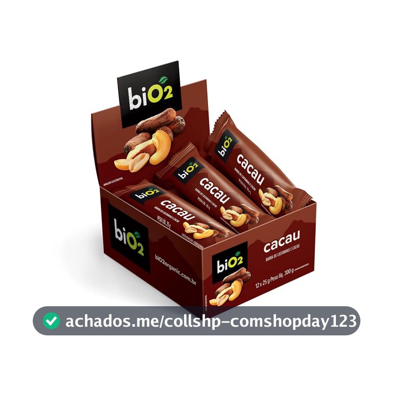 Barra de Castanhas e Frutas biO2 Nuts Cacau, Caixa com 12 unidades de 25 g, Vegana e sem Glúten