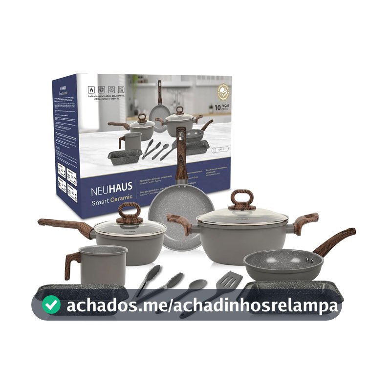 NEUHAUS JOGO DE PANELAS 10 PEÇAS SMART CERAMIC - CORPO COM REVESTIMENTO CERÂMICO ANTIADERENTE COM ACABAMENTO COFFEE, BASE COMPATÍVEL COM INDUÇÃO