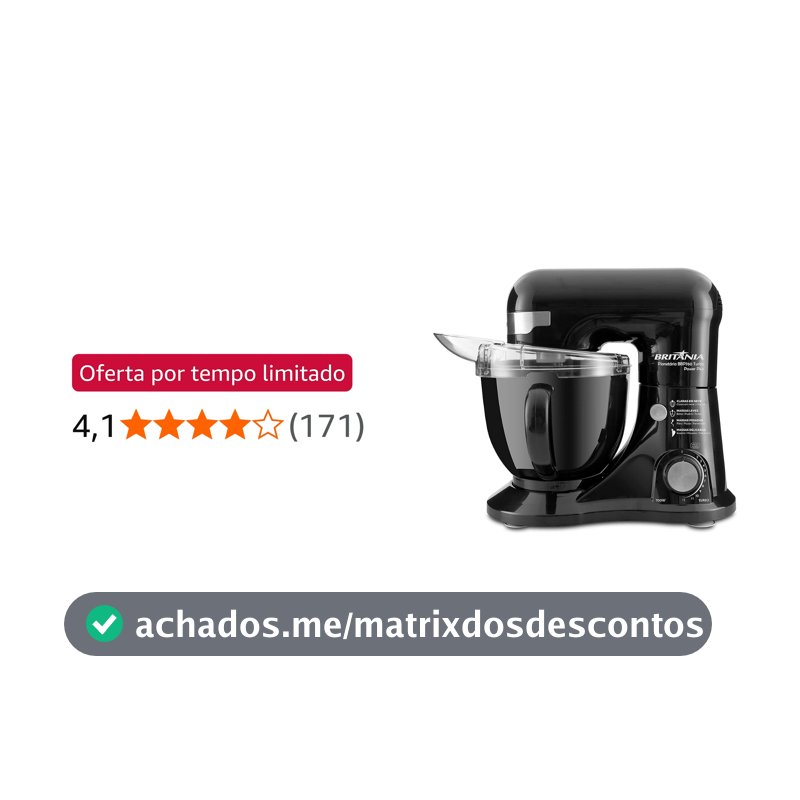 Britânia BBP760 Batedeira Planetária Power Plus, Preto, 12 Velocidades, 4.5L, 700W, 220V