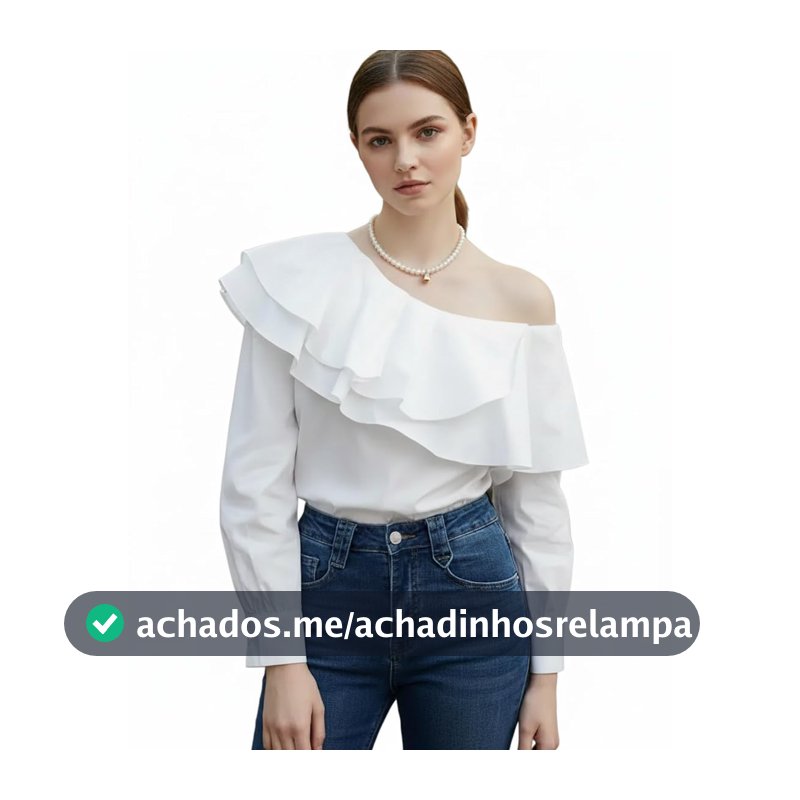 Blusa Branca Feminina Elegante Manga Longa Evangélica Delicada Reveillon Ano Novo Chique-Camisa Branca Babado Ombro a Ombro Bufante Estilosa Alfaiataria
