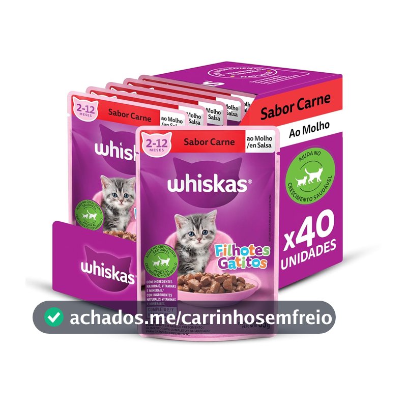 Pack Ração Úmida Whiskas Sachê Carne ao Molho para Gatos Filhotes 85 g - 40 unidades