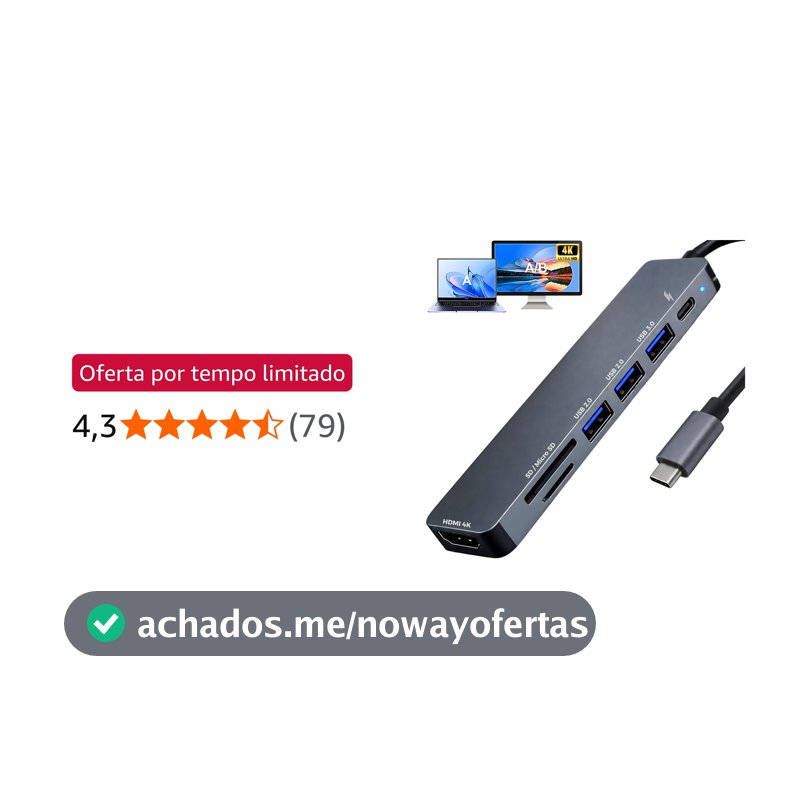 Oferta por tempo limitado: Hub USB-C 3.0 Extensor Adaptador Multifunções 7 em 1 - Estrura em Alumínio