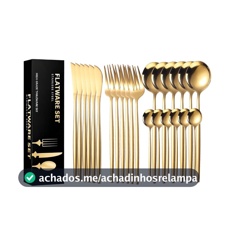 AUXOM Faqueiro 24 Peças em Aço Inox 430 - Jogo de Talheres Premium com Caixa Litografada, Polido e Espelhado de faca e garfo Conjunto para Mesa Posta e Utensílios de Casa/Restaurante (Dourado)