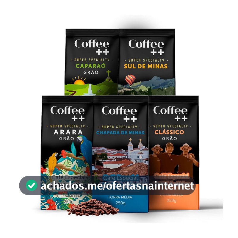 Kit 5 Pacotes Café Especial em Grãos Coffee Mais Variedades: Arara, Sul de Minas, Caparaó, Chapada de Minas e Clássico - 100% Arábica (5x250g)