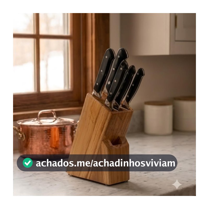 Jogo de Facas de Cozinha Profissional em Aço Inox 6 Peças com Cepo Suporte de Madeira - Conjunto de Facas Afiadas para Churrasco, Carnes, Legumes e Pães com Cabo