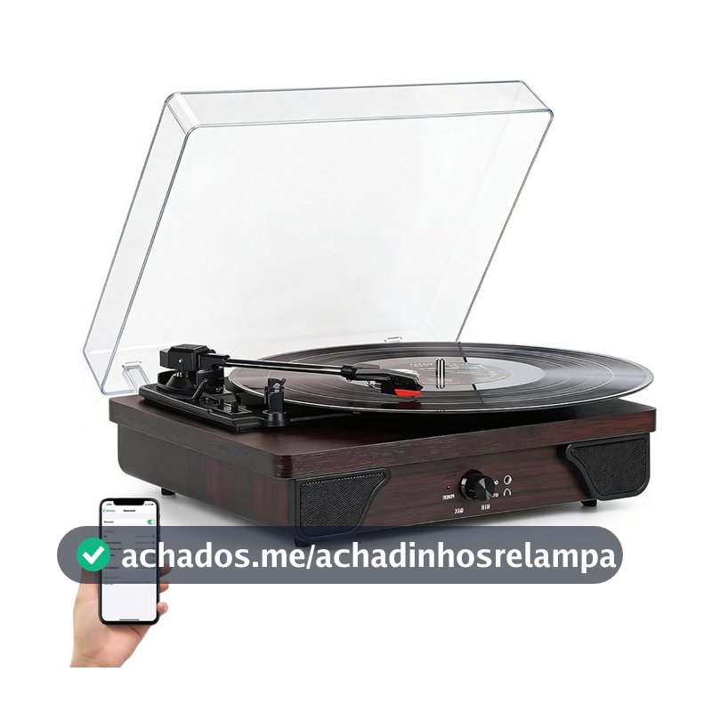 VEDO Toca-Discos Retro, Bluetooth 5.2, Design Transparente, 3 Velocidades (33/45/78 RPM), Alto-falante Integrado, Entrada AUX/RCA, Retrô Design em Madeira Marrom