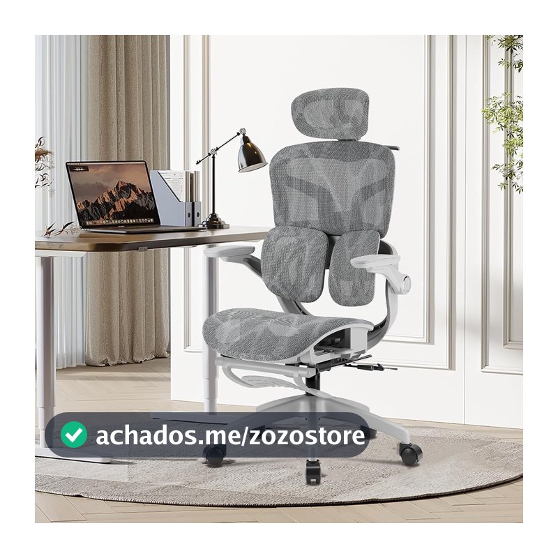 Cadeira de Escritório Ergonômica Testada conforme NR-17, Duplo Apoio Lombar, Assento Deslizante com Ajuste de Profundidade 5cm, Apoio para Pés Retrátil, Reclinável até 135° para Home Office(Cinza)