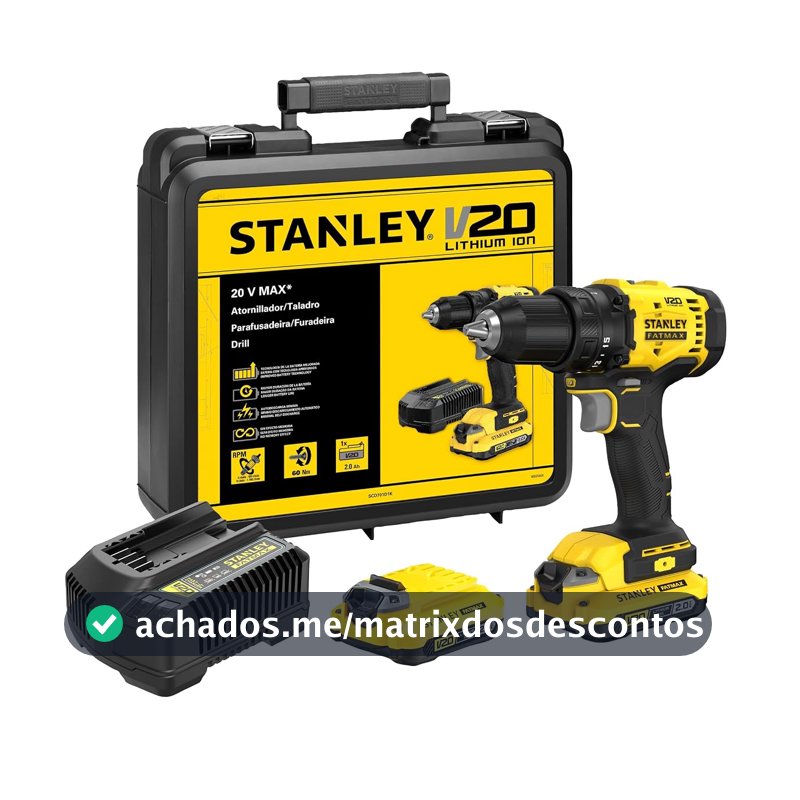 STANLEY Parafusadeira e Furadeira 13mm 20V SCD701D2K 2 Baterias 1 Carregador e Maleta
