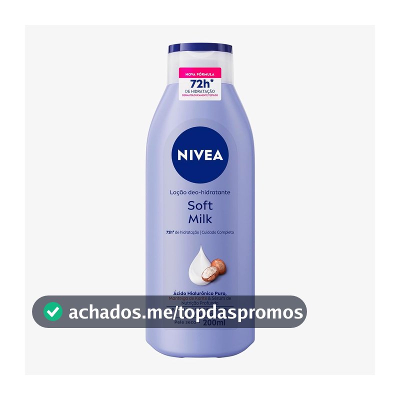 NIVEA Loção Deo-Hidratante Soft Milk 200ml, Hidratação Profunda 72h, Hialurônico Puro, Corporal, Pele Seca