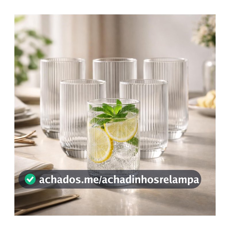 Jogo 6 Copos Vidro Canelado 423ml Elegante Água Suco Refrigerante Drinks