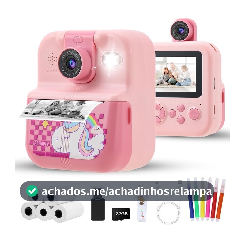 Câmera Infantil, Impressora Instantânea de Sem Tinta, Lente Pode Ser Virada, Selfie, com Flash, 32GB Cartão, Vídeo HD, Brinquedos Meninas Meninos com Crianças de 3 a 14 Anos (Rosa）