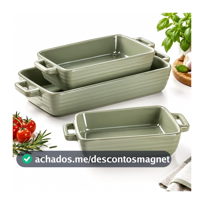 Conjunto 3 Assadeiras de Cerâmica Verde com Alças