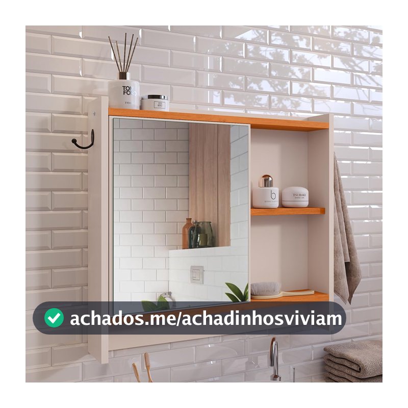 Armário Com Espelho Porta Gancho Para Toalha Banheiro Genova (Off White/Cinamomo2)